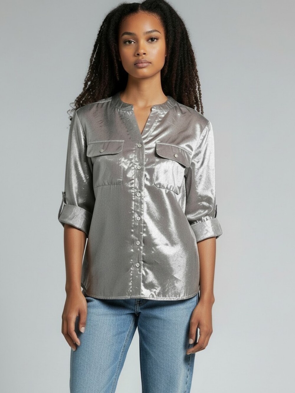 Elementz Liquid Silvern Metallic Shimmer Button Down Roll-Tab Sleeve Top Medium